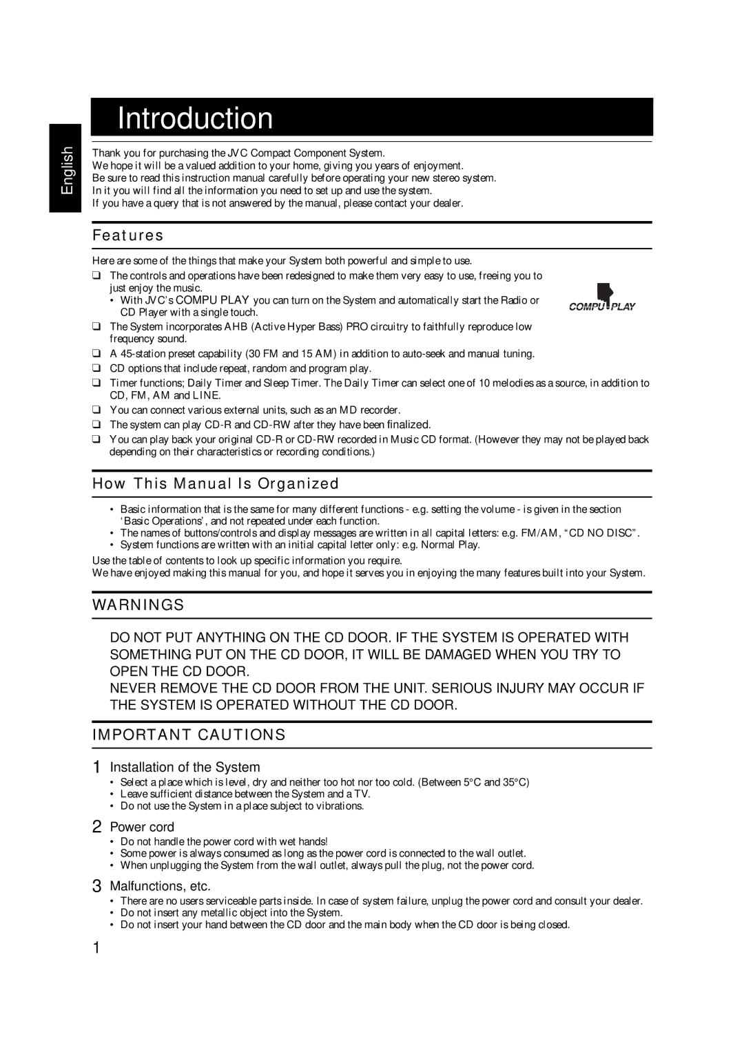 JVC FS-X1, FS-X3 manual Introduction 