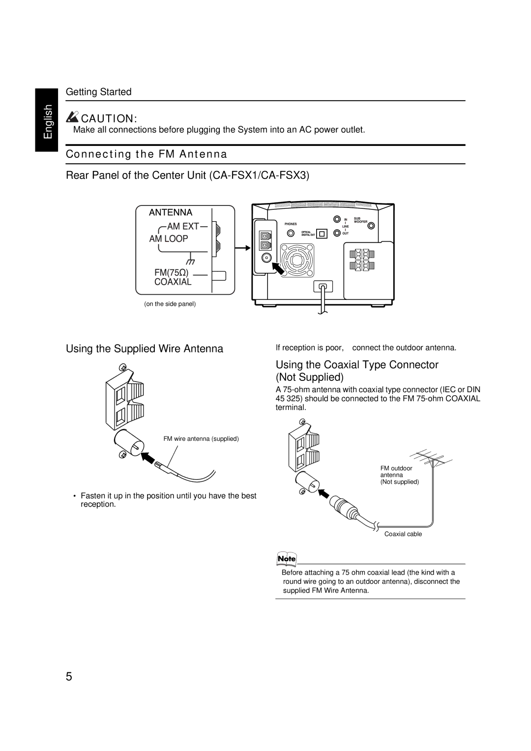 JVC FS-X1, FS-X3 manual Connecting the FM Antenna 