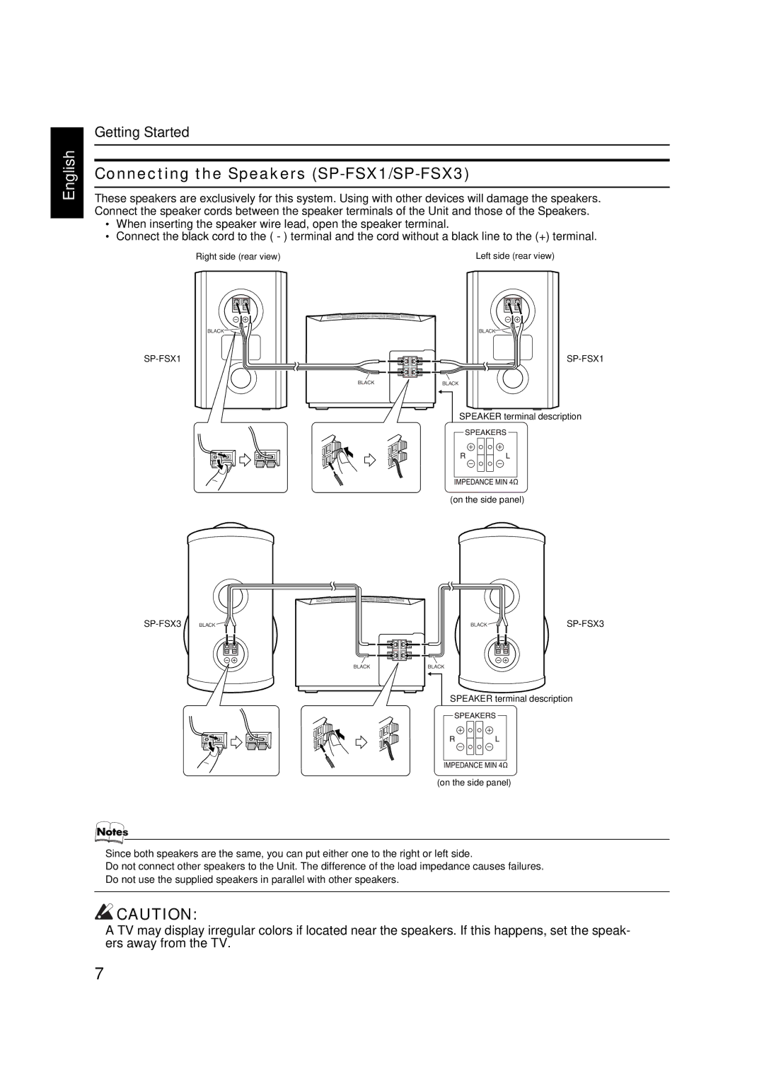 JVC FS-X1, FS-X3 manual Connecting the Speakers SP-FSX1/SP-FSX3 