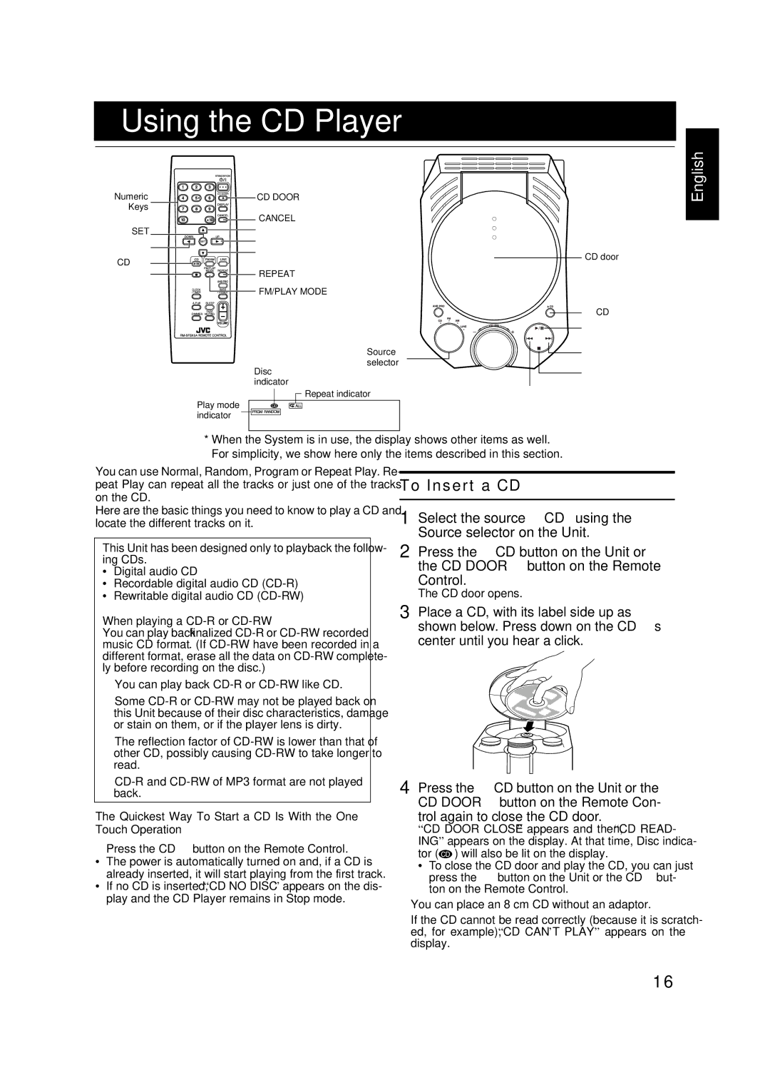 JVC FS-X3, FS-X1 manual Source Selector Disc indicator CD door 