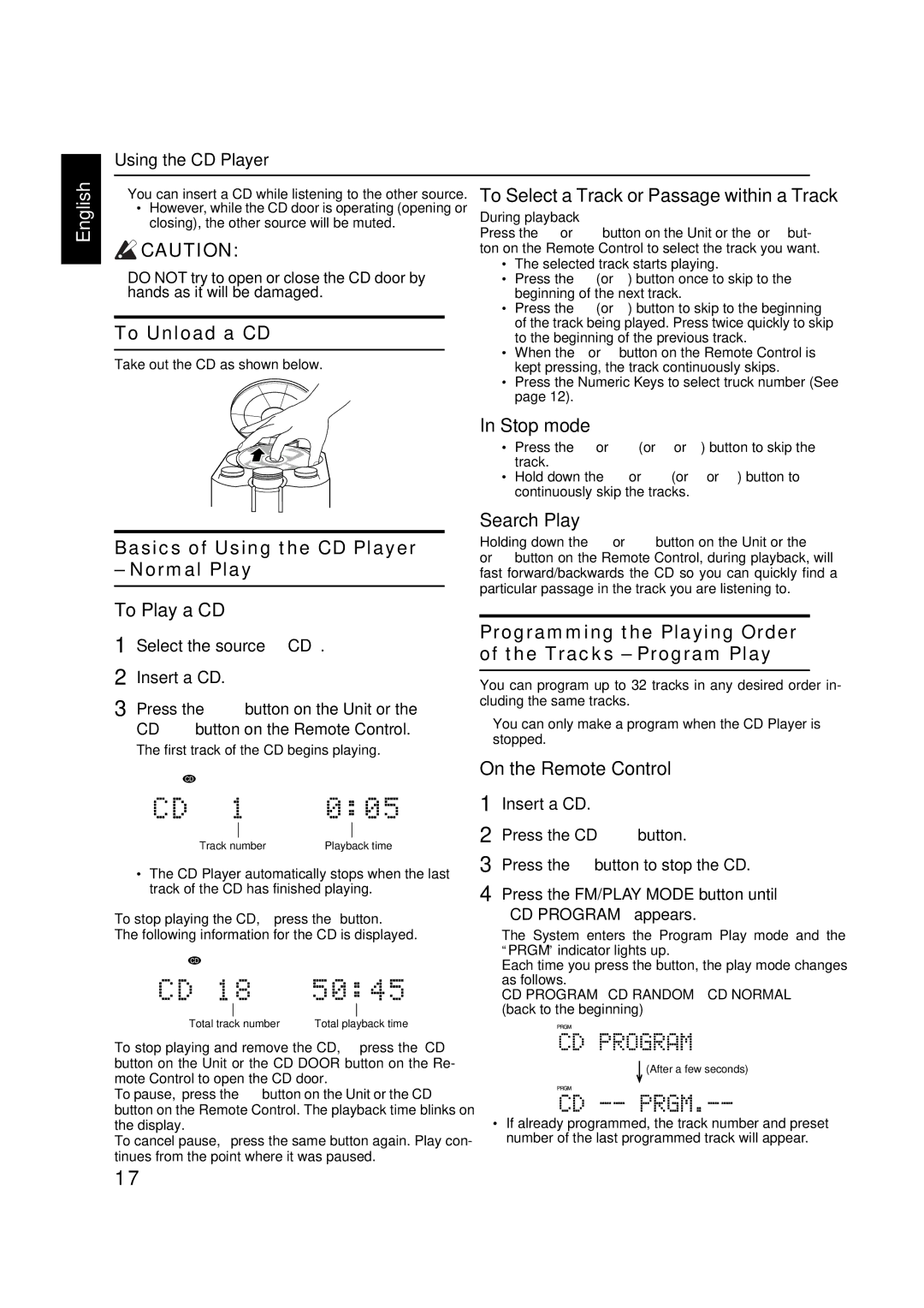 JVC FS-X1, FS-X3 manual To Unload a CD 