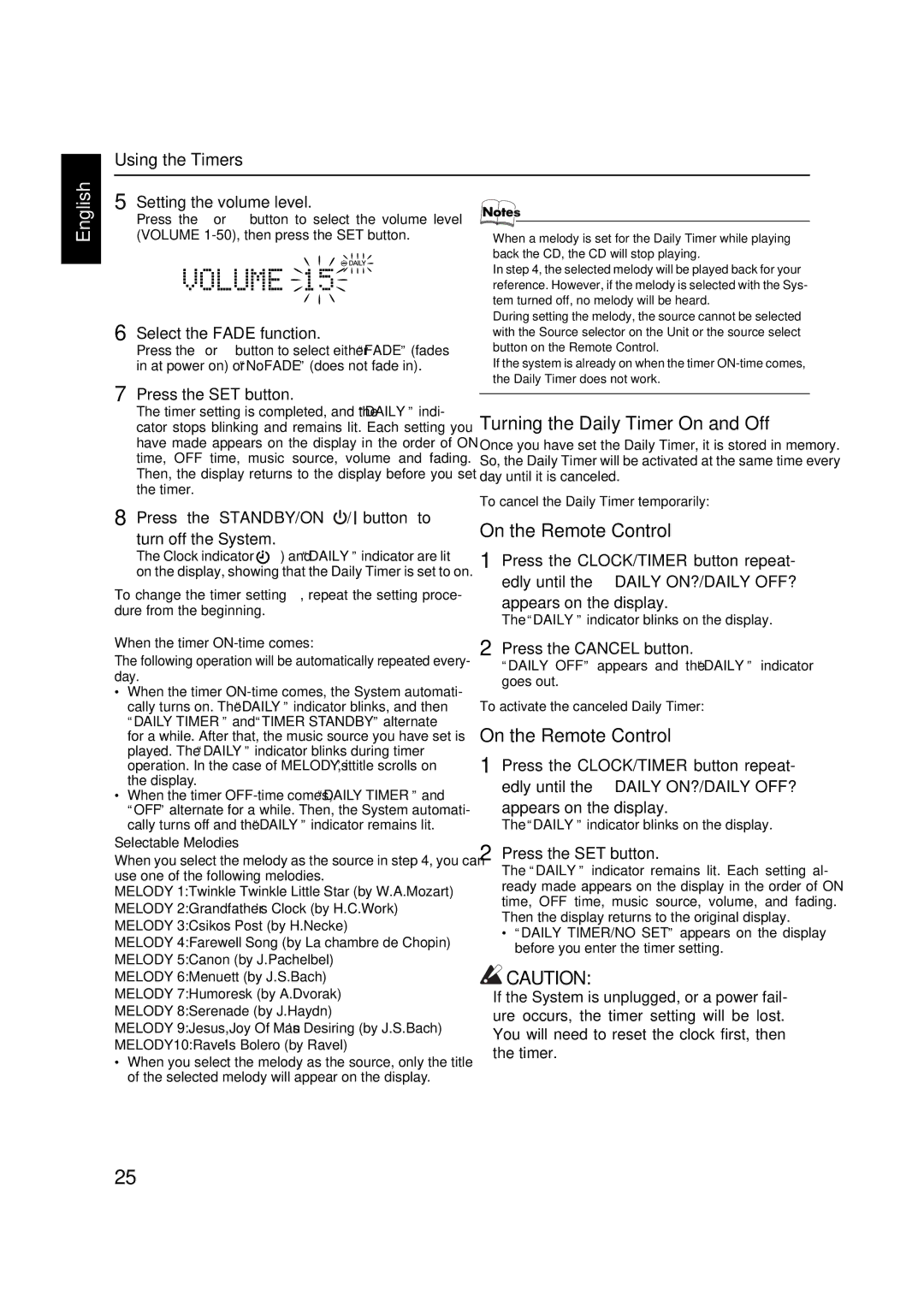 JVC FS-X1, FS-X3 manual Turning the Daily Timer On and Off 