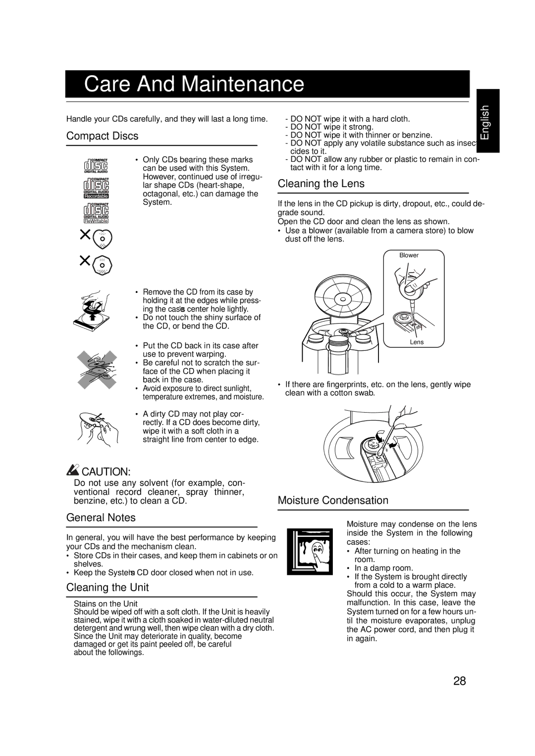 JVC FS-X3, FS-X1 manual Care And Maintenance 