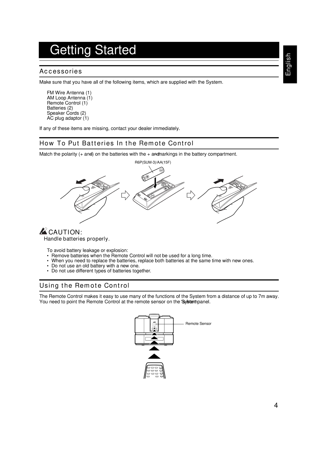 JVC FS-X1, FS-X3 manual Getting Started, Accessories, How To Put Batteries In the Remote Control, Using the Remote Control 