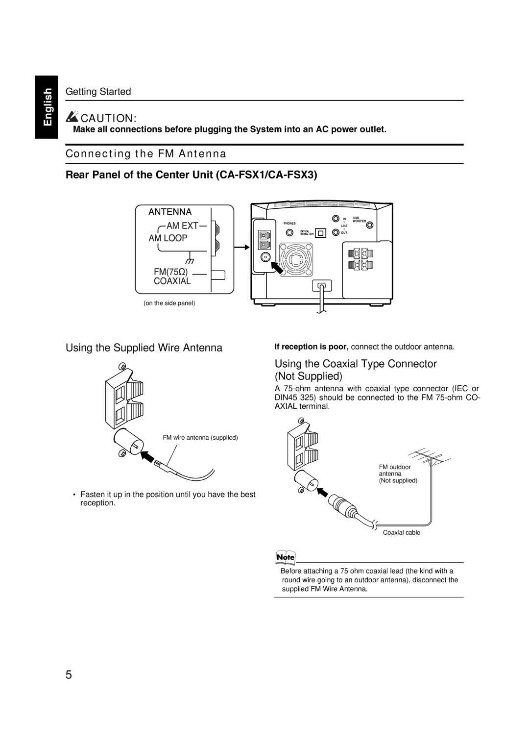 JVC FS-X3, FS-X1 Connecting the FM Antenna, Using the Supplied Wire Antenna, Using the Coaxial Type Connector Not Supplied 