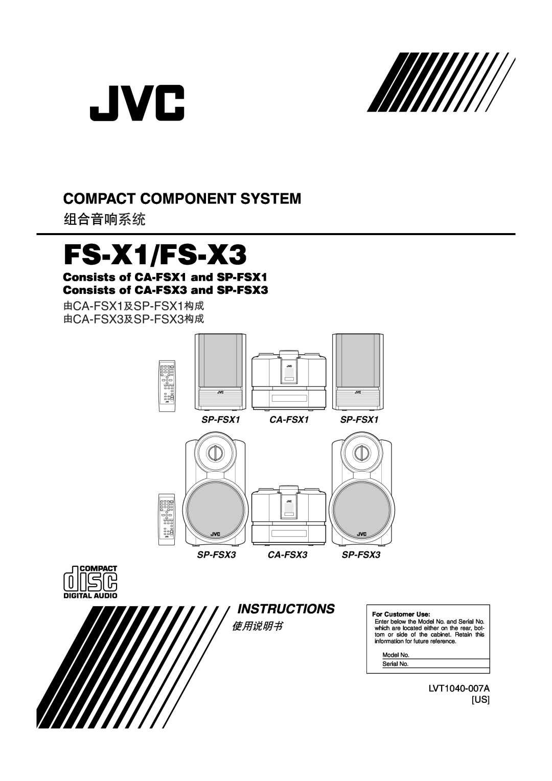JVC manual FS-X1/FS-X3, Compact Component System, Instructions, CA-FSX1SP-FSX1 CA-FSX3SP-FSX3, SP-FSX1 SP-FSX3 