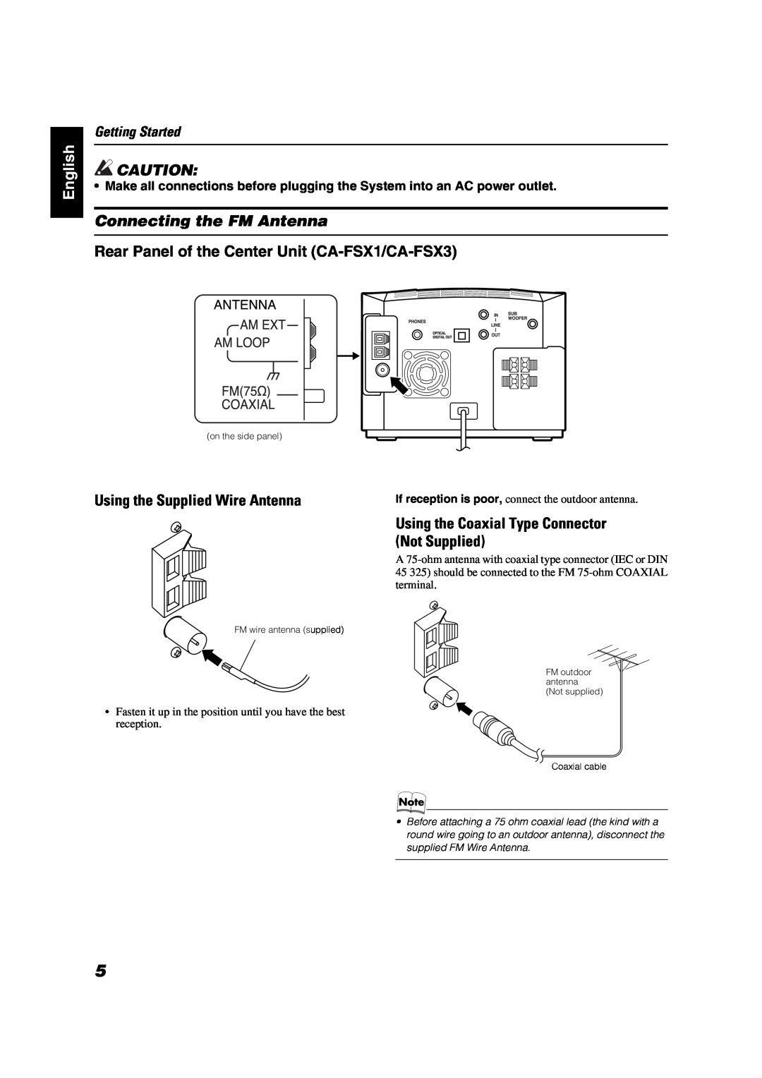 JVC FS-X1, FS-X3 manual English, Connecting the FM Antenna, Using the Supplied Wire Antenna, Getting Started 