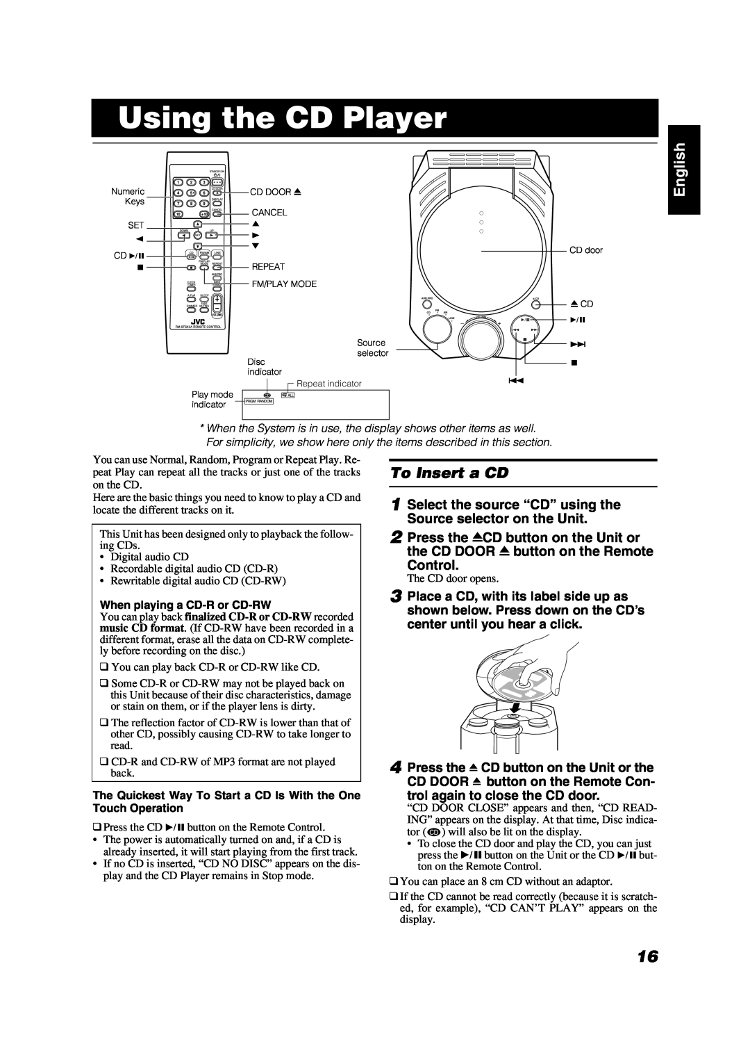 JVC FS-X3, FS-X1 manual Using the CD Player, English, To Insert a CD, Control 