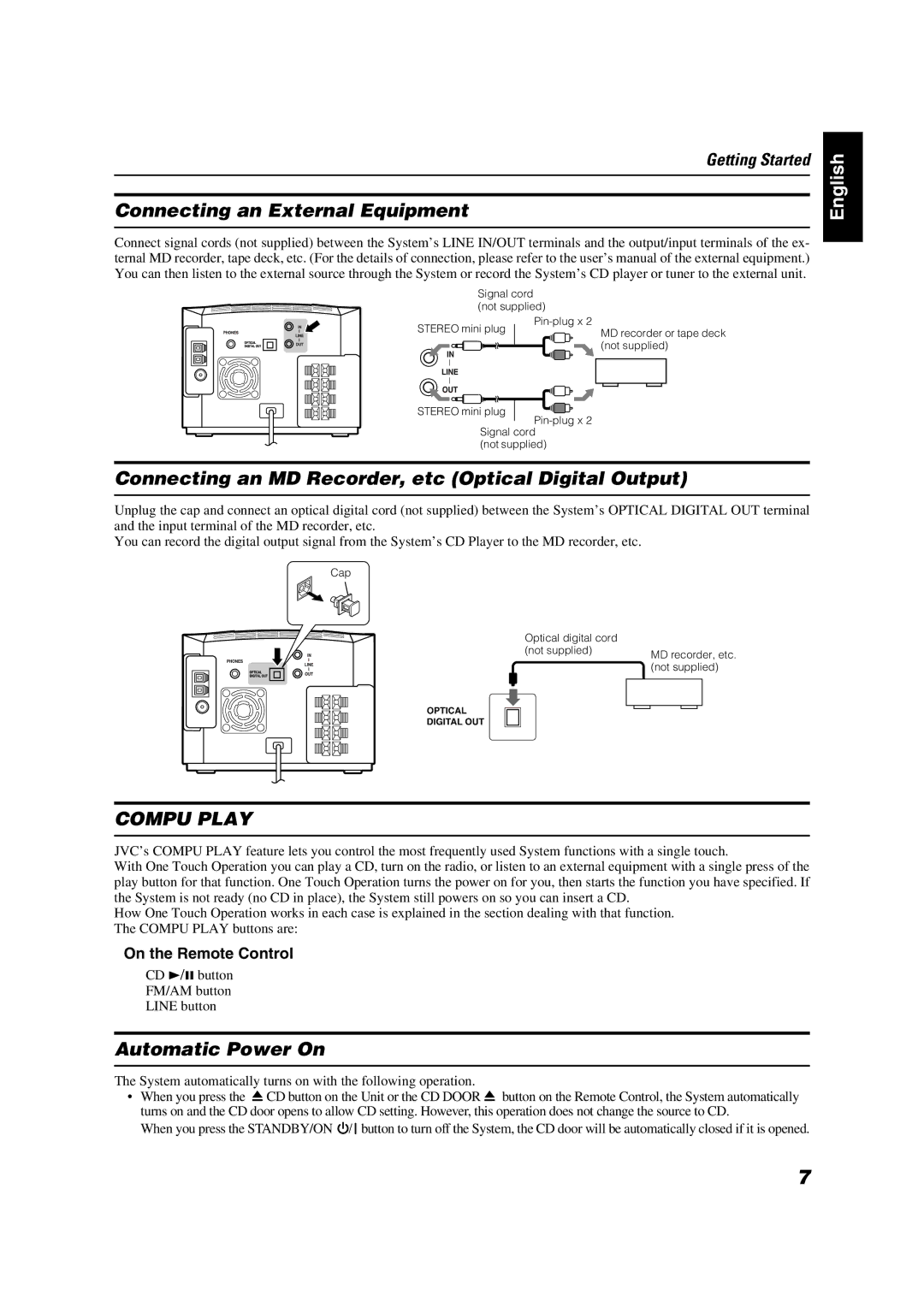 JVC FS-X5 Connecting an External Equipment, Connecting an MD Recorder, etc Optical Digital Output, Automatic Power On 