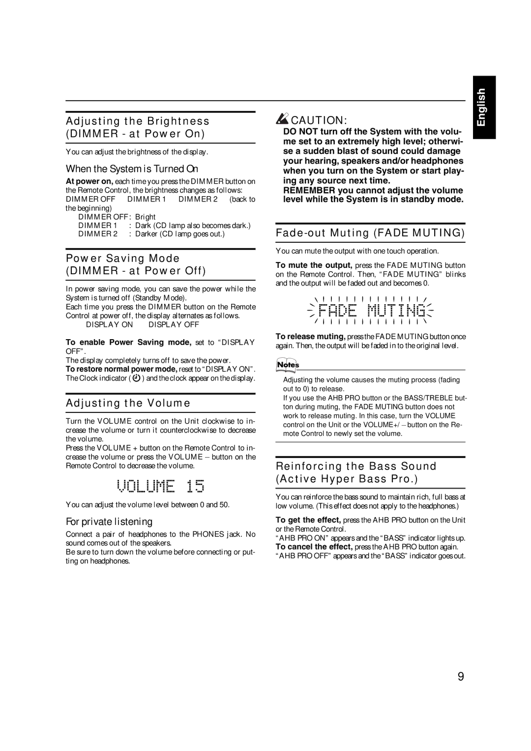 JVC FS-X5 manual Adjusting the Brightness Dimmer at Power On, Power Saving Mode Dimmer at Power Off, Adjusting the Volume 