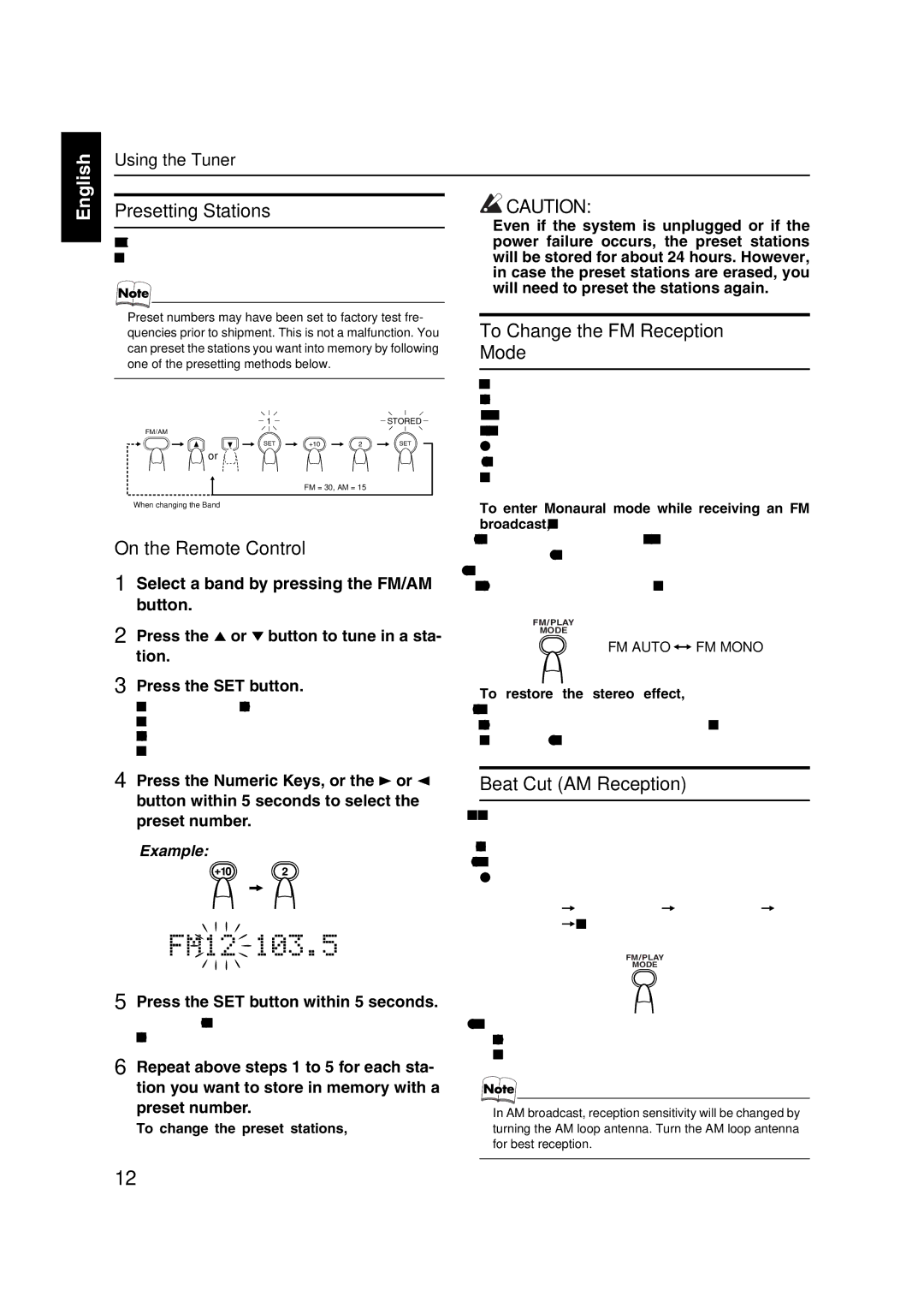 JVC FS-X5 manual Presetting Stations, To Change the FM Reception Mode, Beat Cut AM Reception 