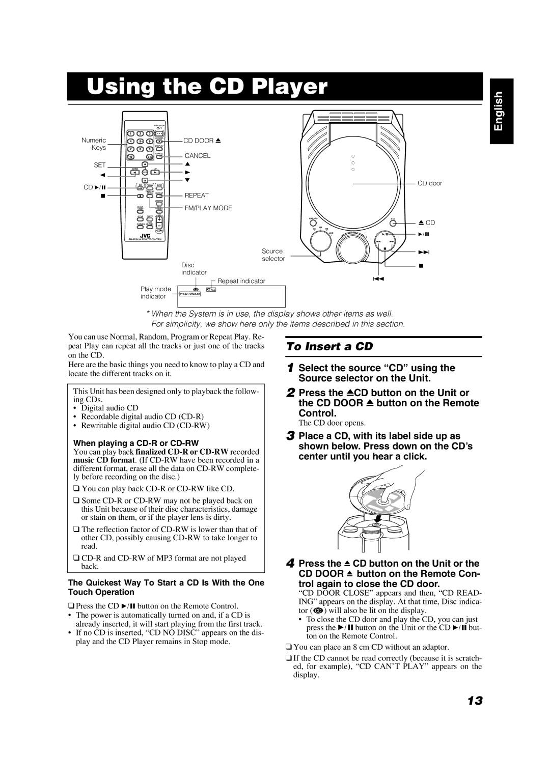 JVC FS-X5 manual Using the CD Player, To Insert a CD, Control, When playing a CD-R or CD-RW 