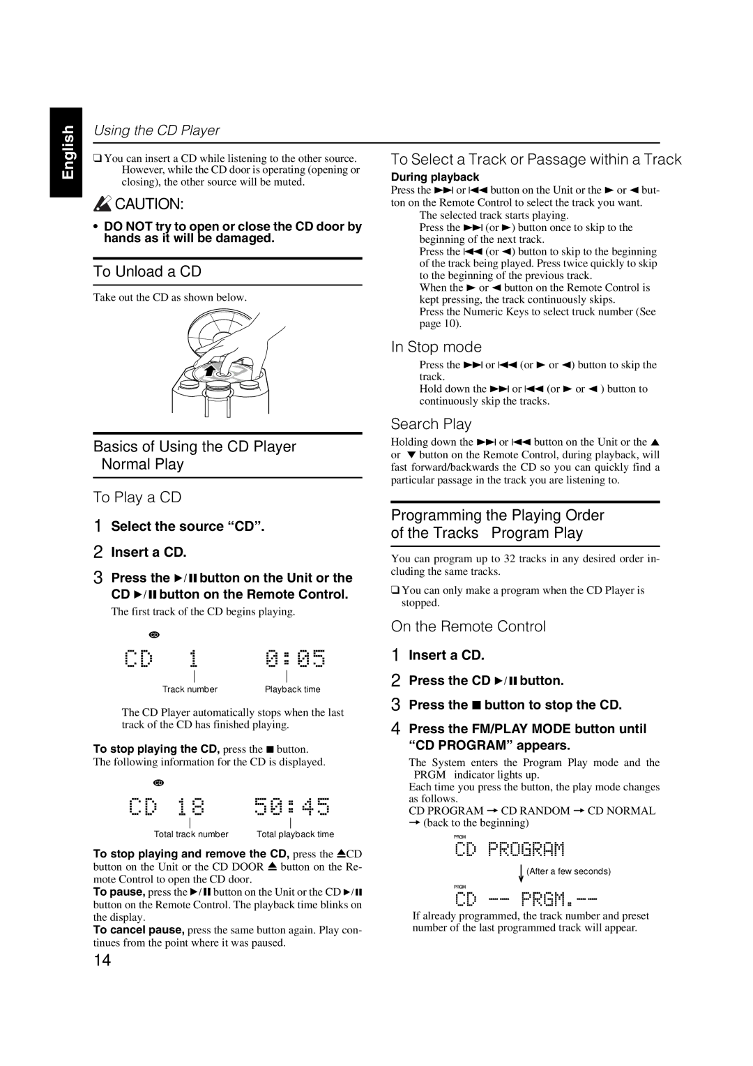 JVC FS-X5 manual To Unload a CD, Basics of Using the CD Player Normal Play 