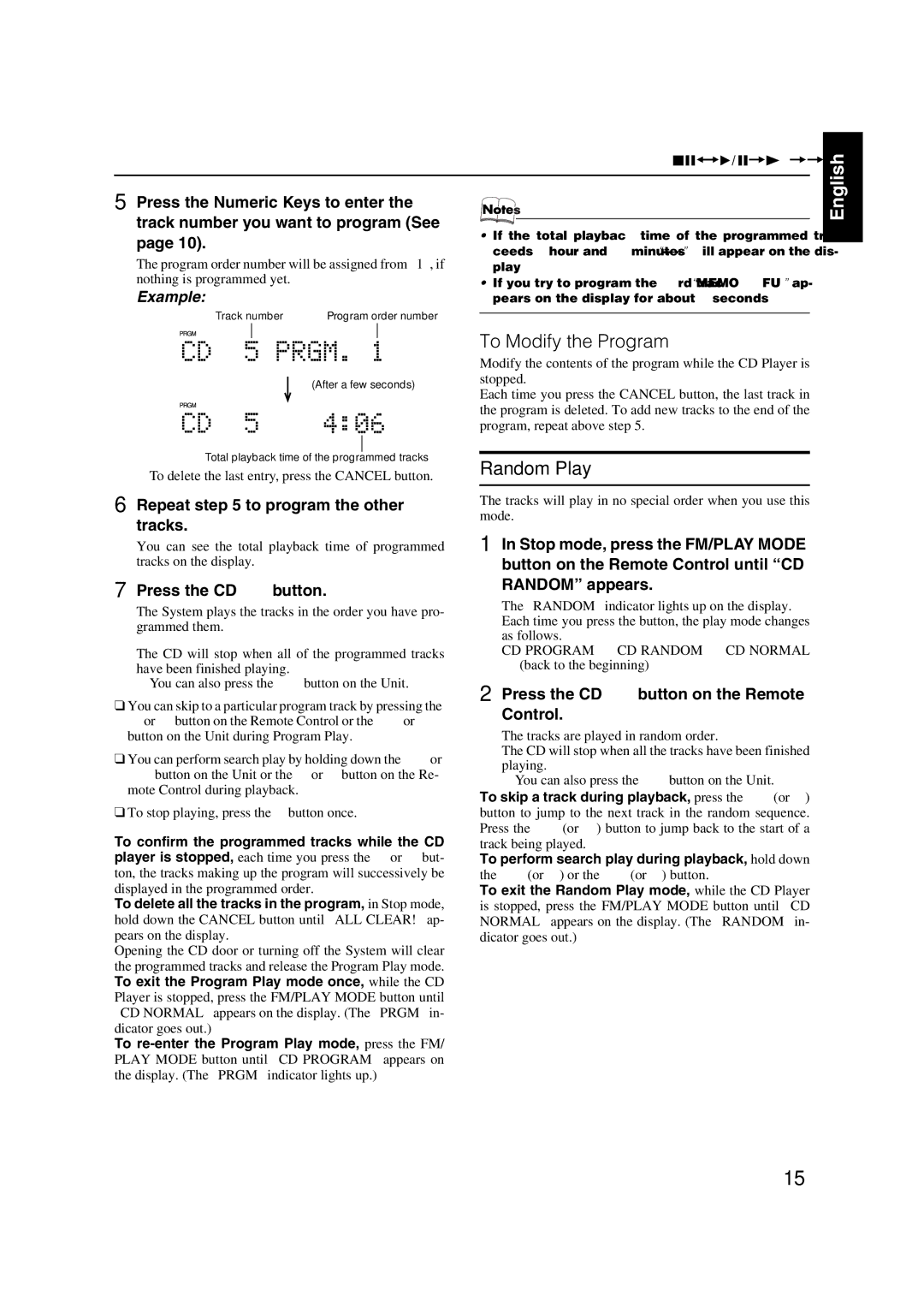 JVC FS-X5 manual To Modify the Program, Random Play, Repeat to program the other tracks 