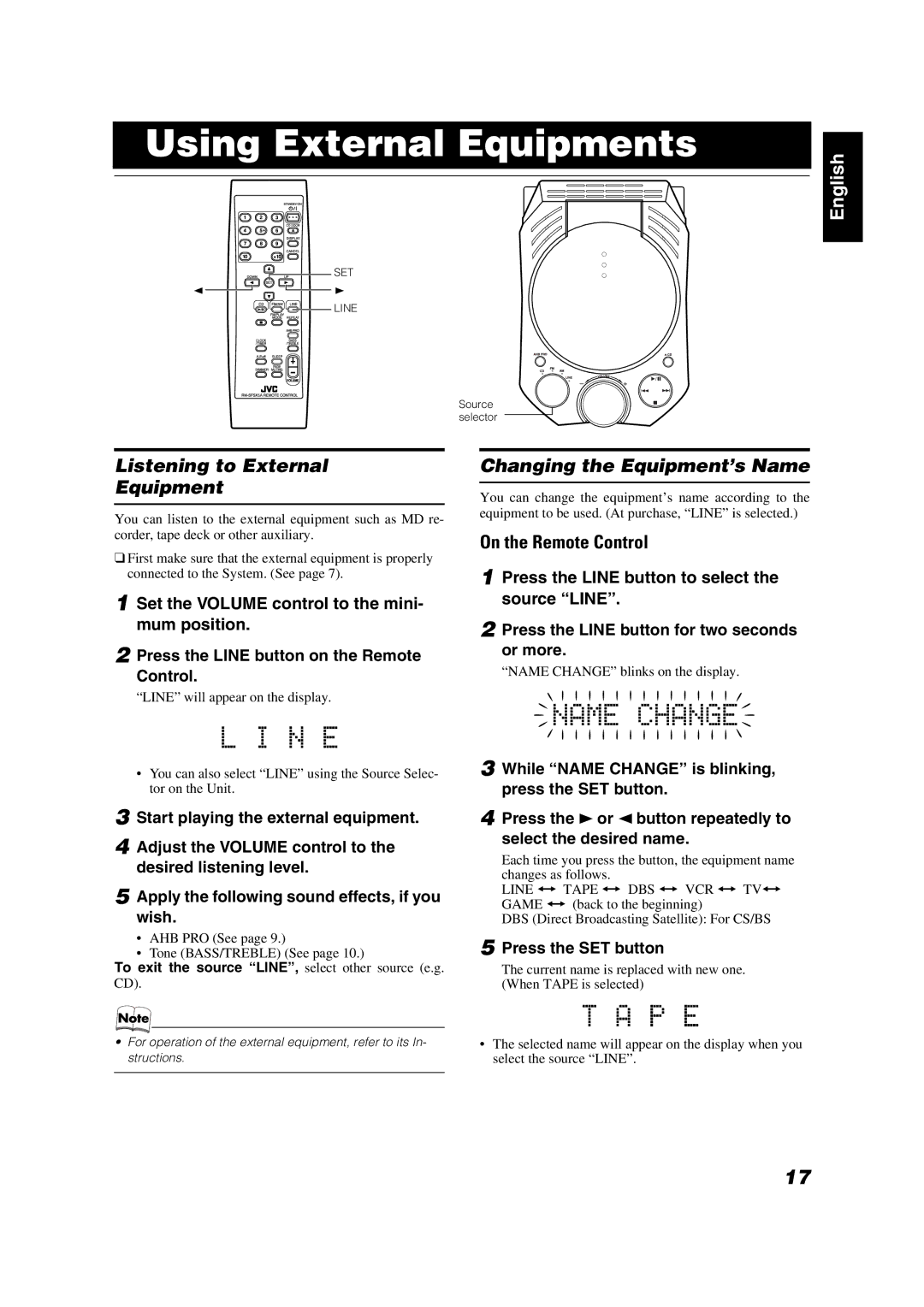 JVC FS-X5 manual Using External Equipments, Listening to External Equipment, Changing the Equipment’s Name 