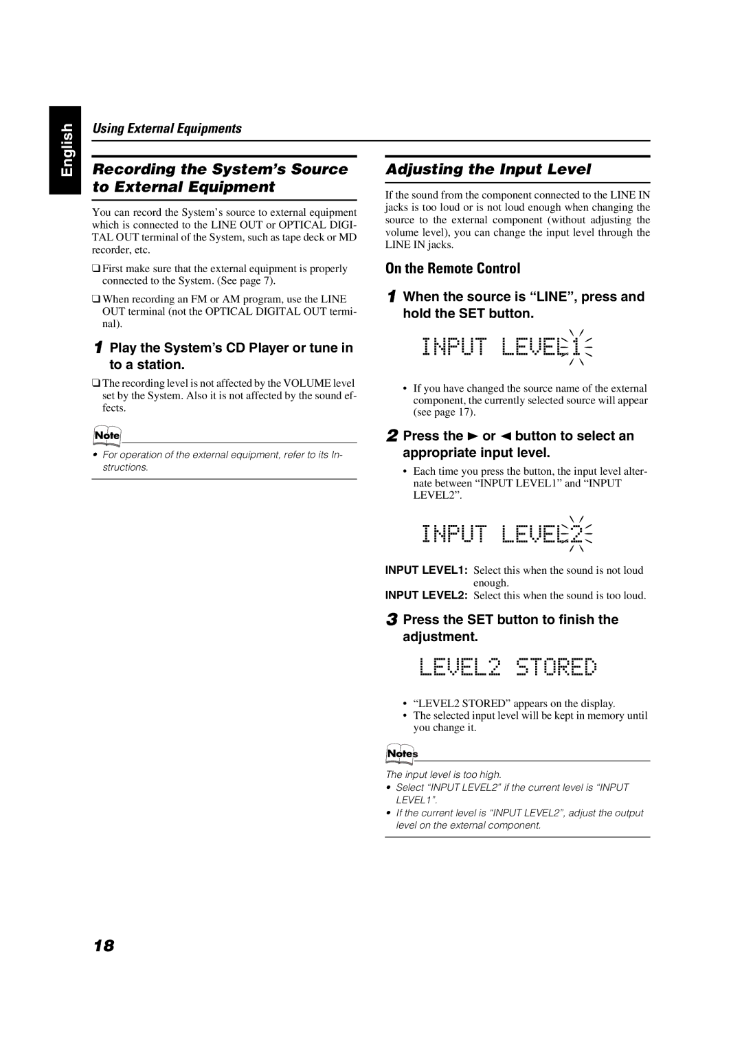 JVC FS-X5 manual Recording the System’s Source to External Equipment, Adjusting the Input Level 