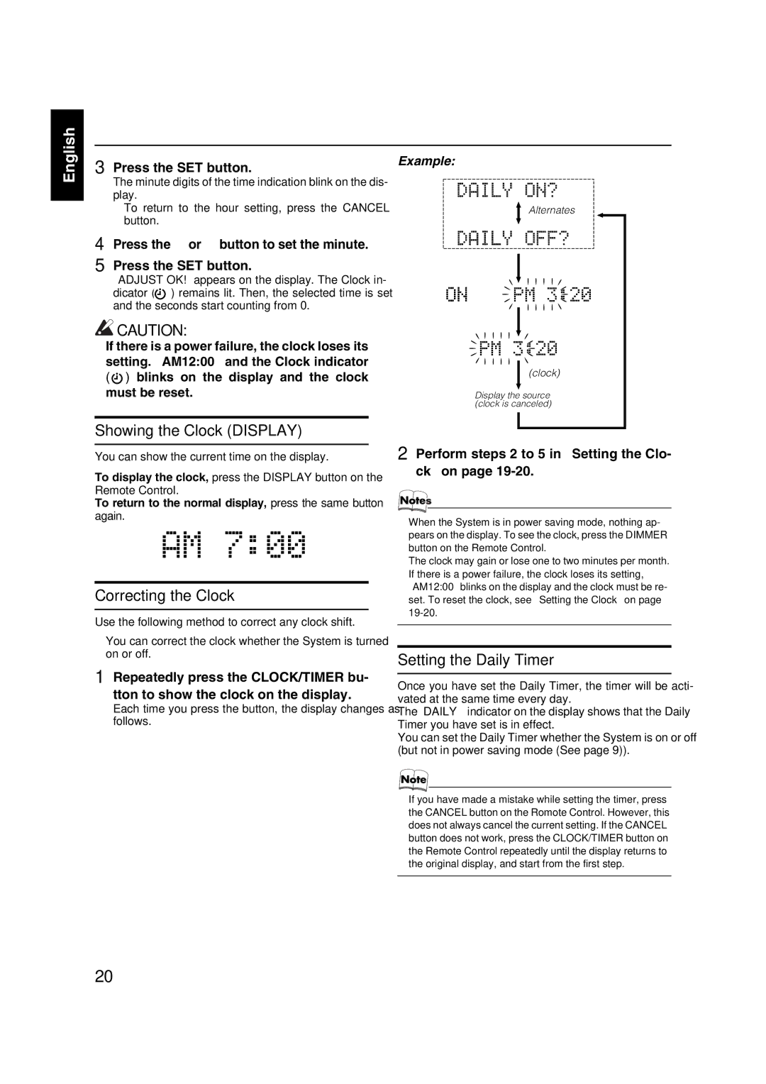 JVC FS-X5 manual Showing the Clock Display, Correcting the Clock, Setting the Daily Timer 