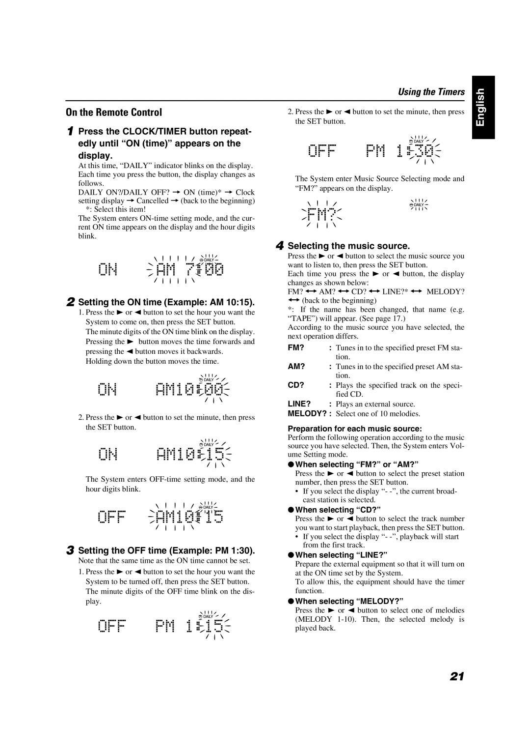 JVC FS-X5 manual Setting the on time Example AM, Setting the OFF time Example PM, Selecting the music source 