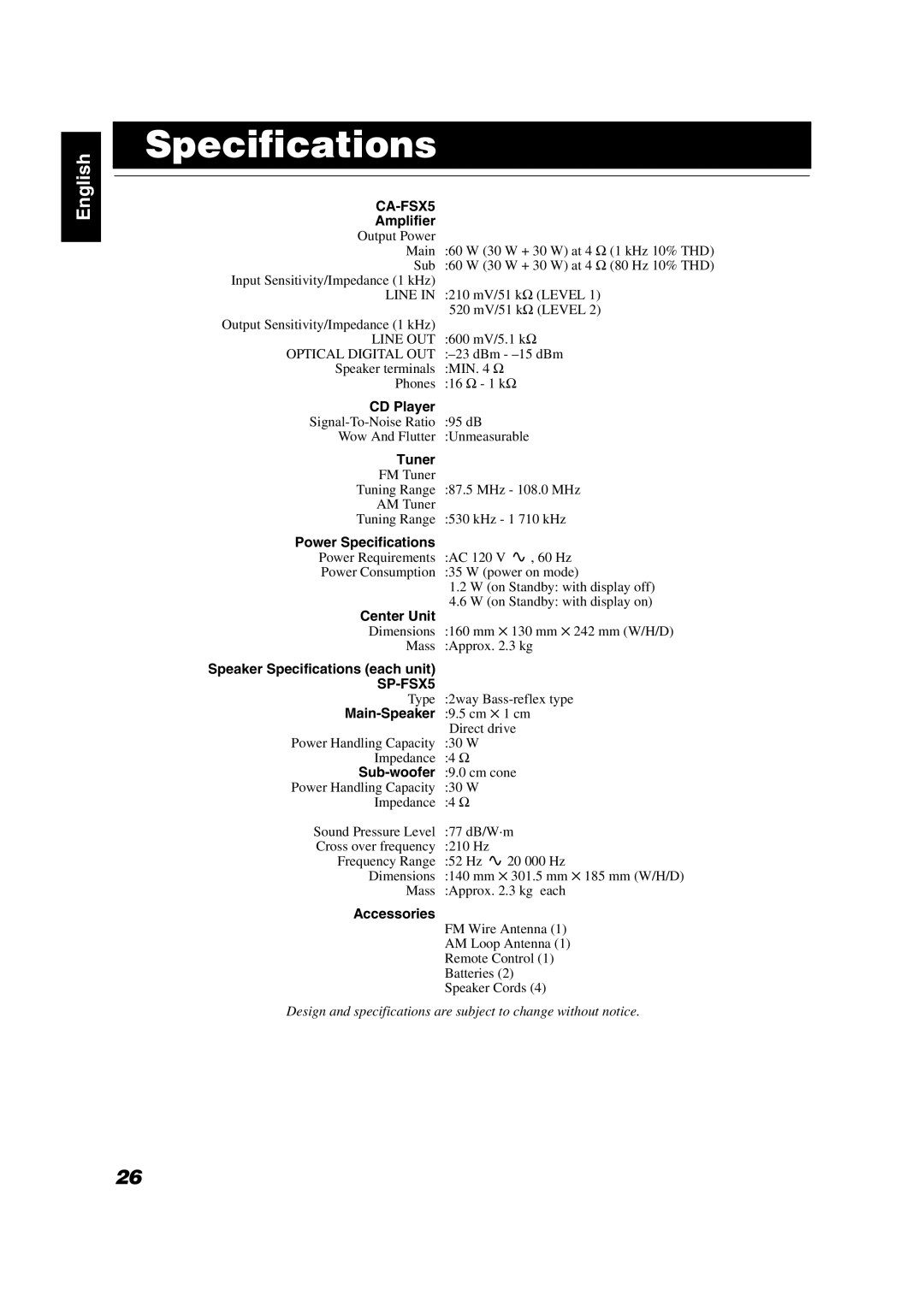 JVC FS-X5 manual Specifications 