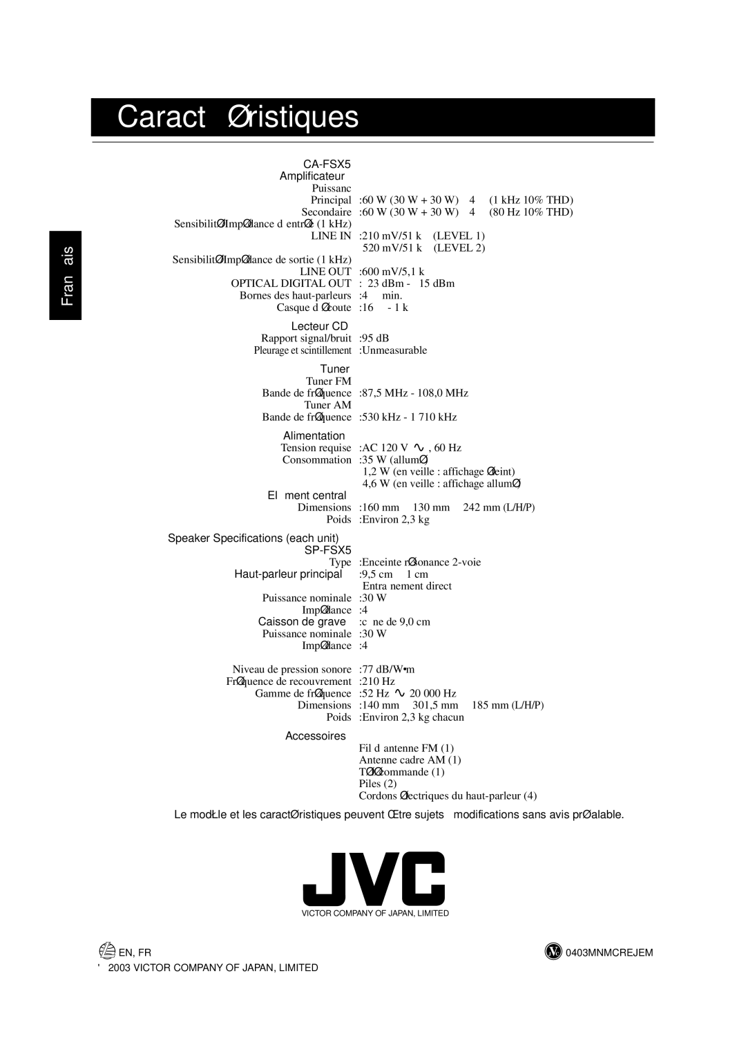 JVC FS-X5 manual Caractéristiques 