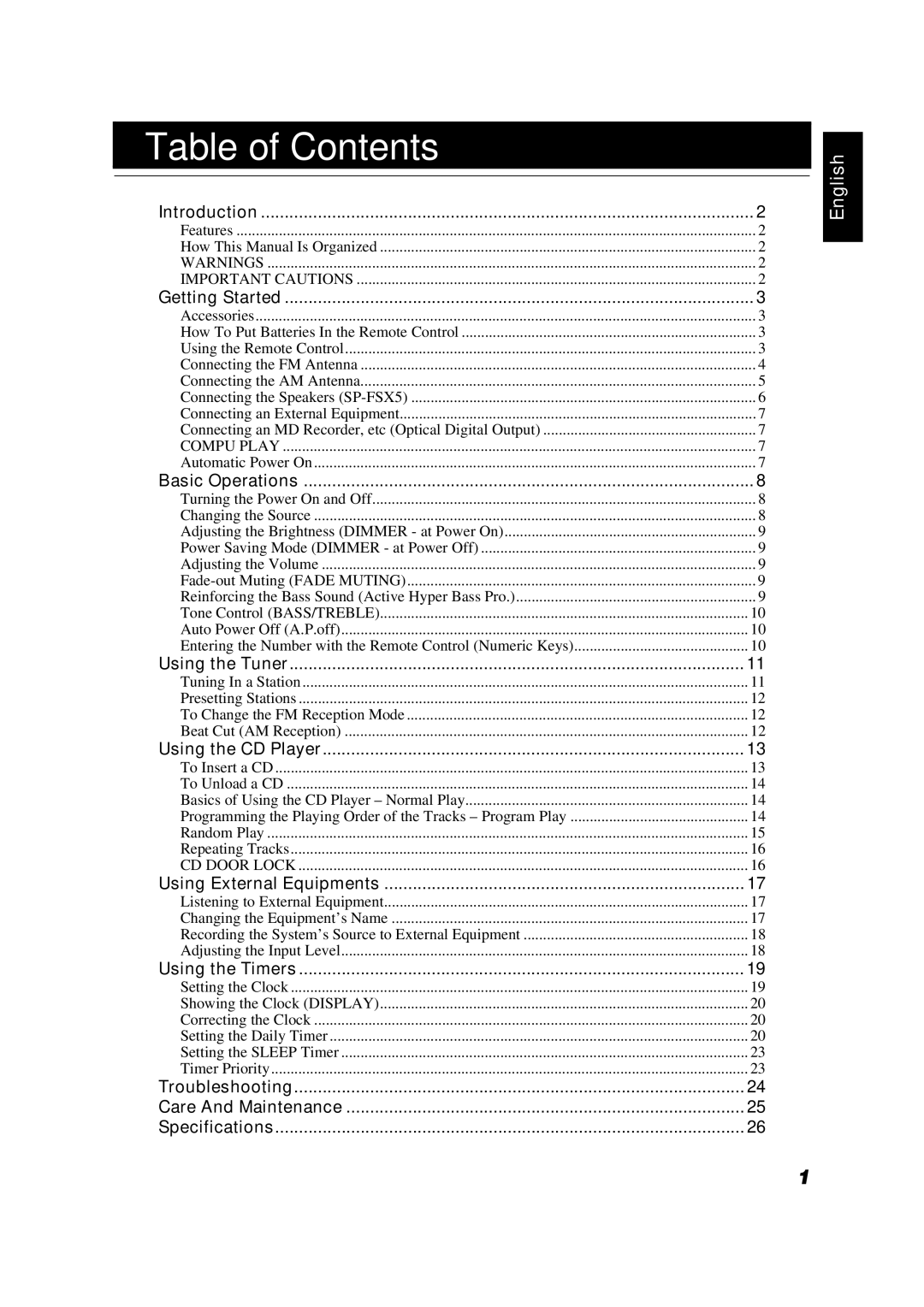 JVC FS-X5 manual Table of Contents 