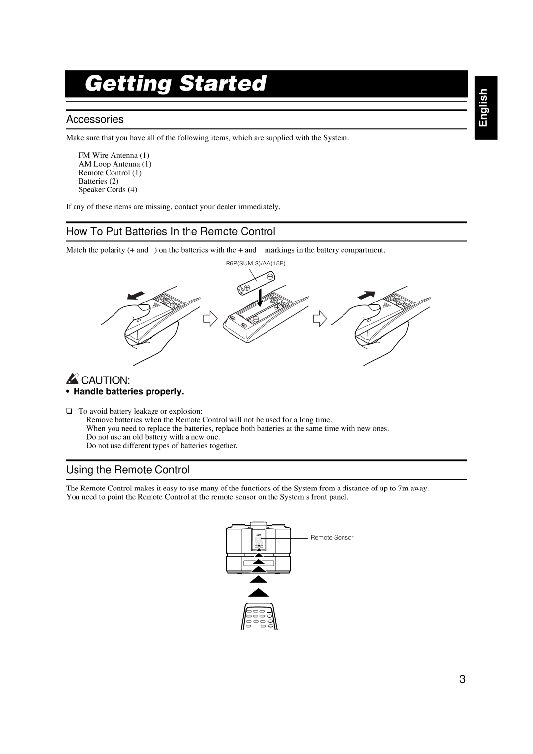 JVC FS-X5 manual Getting Started, Accessories, How To Put Batteries In the Remote Control, Using the Remote Control 