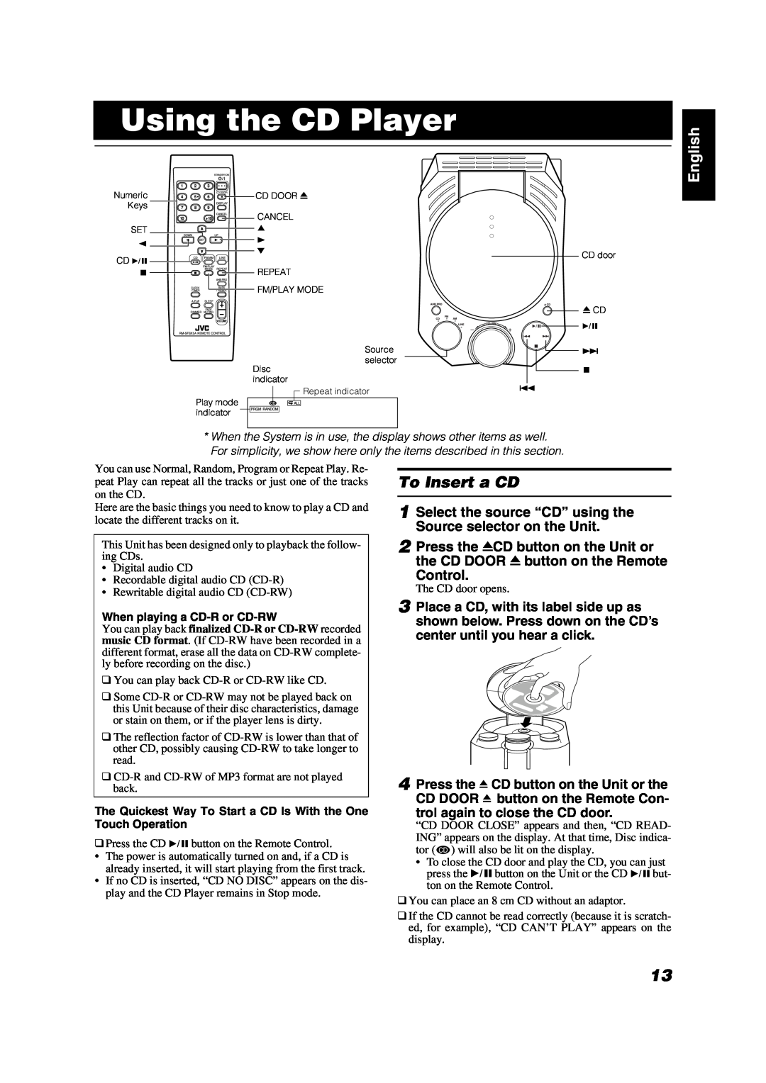 JVC FS-X5 manual Using the CD Player, To Insert a CD, English, Control 