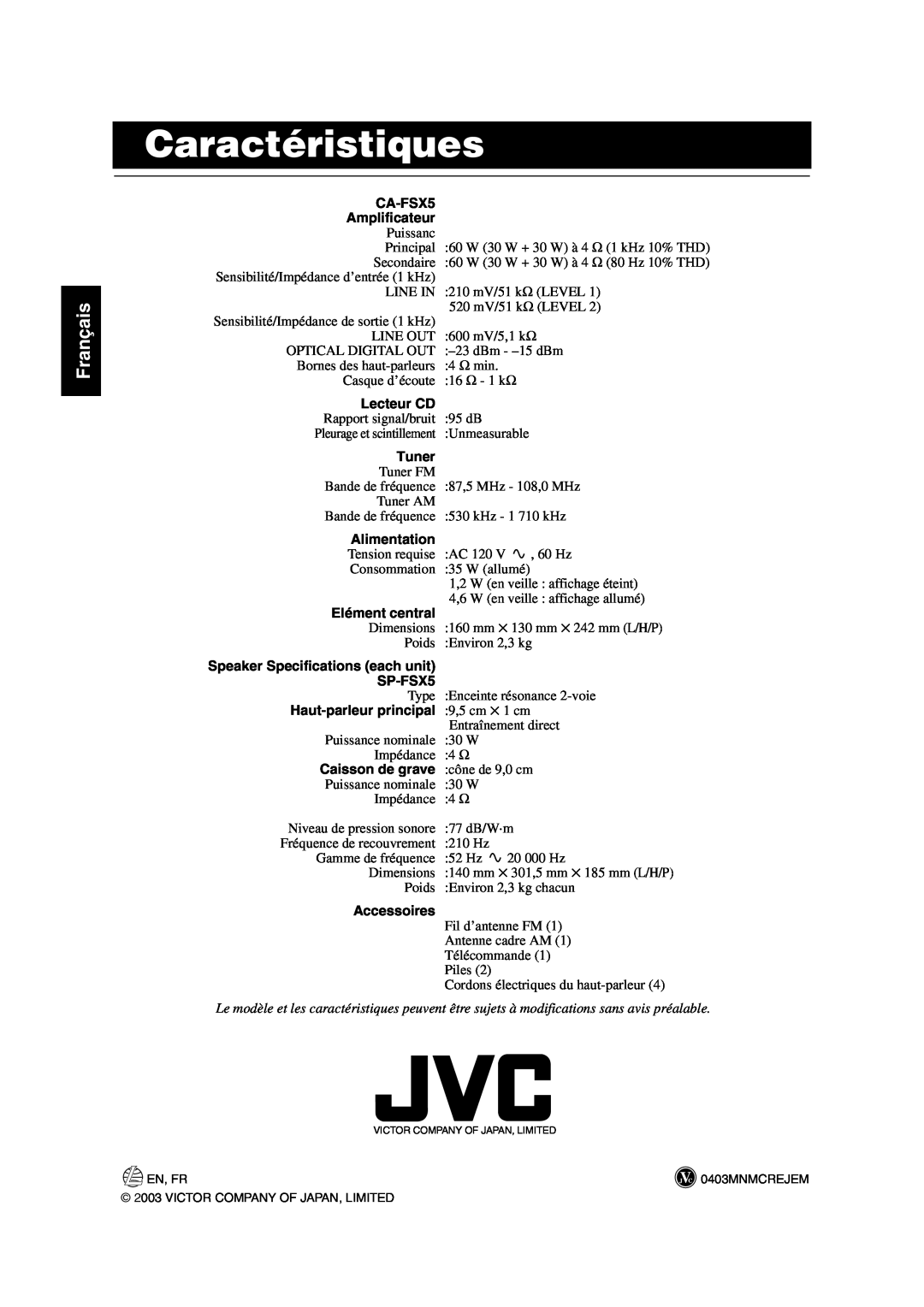 JVC FS-X5 manual Caractéristiques, Français 