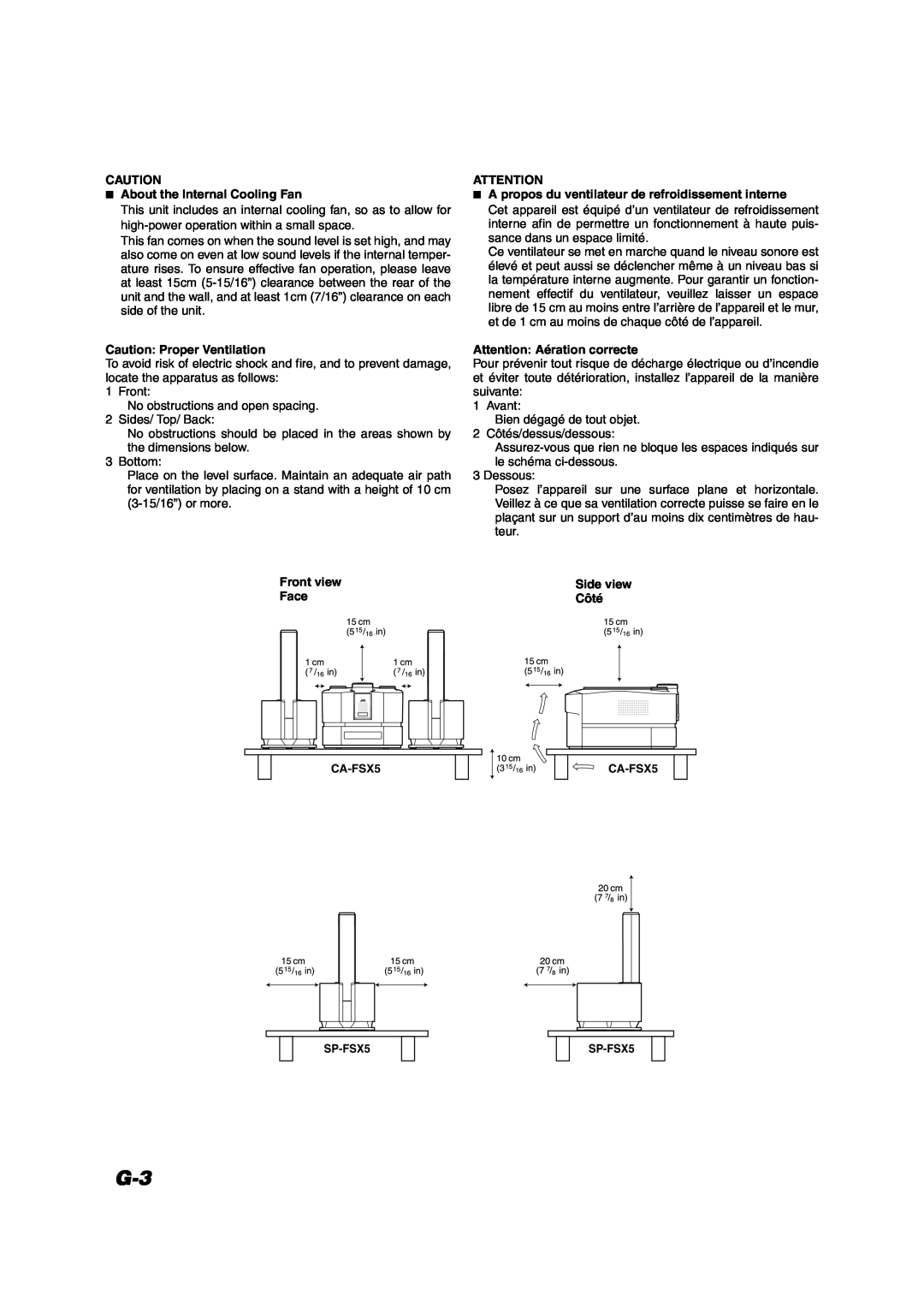 JVC FS-X5 manual About the Internal Cooling Fan, Caution Proper Ventilation, Front view Face, Attention Aération correcte 