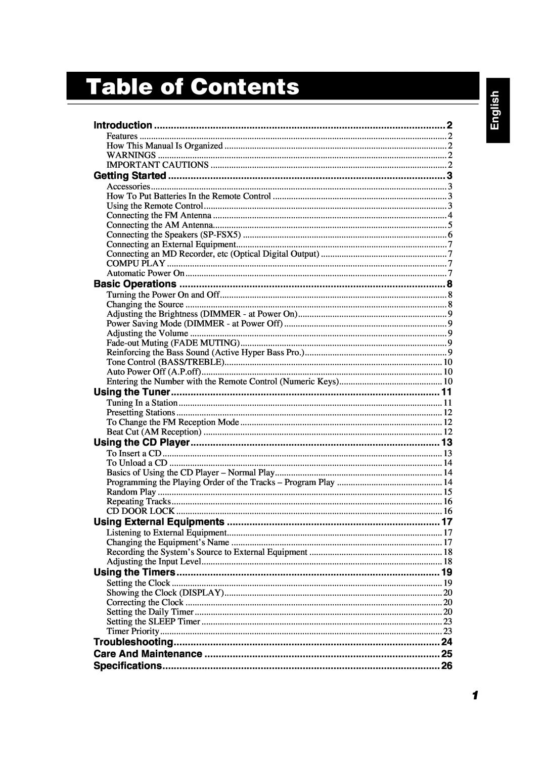 JVC FS-X5 manual Table of Contents, English 
