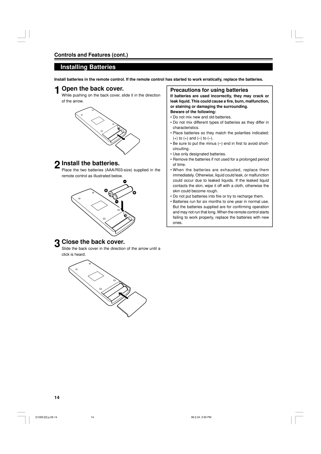 JVC G1000 manual Installing Batteries, Open the back cover, Install the batteries, Close the back cover 