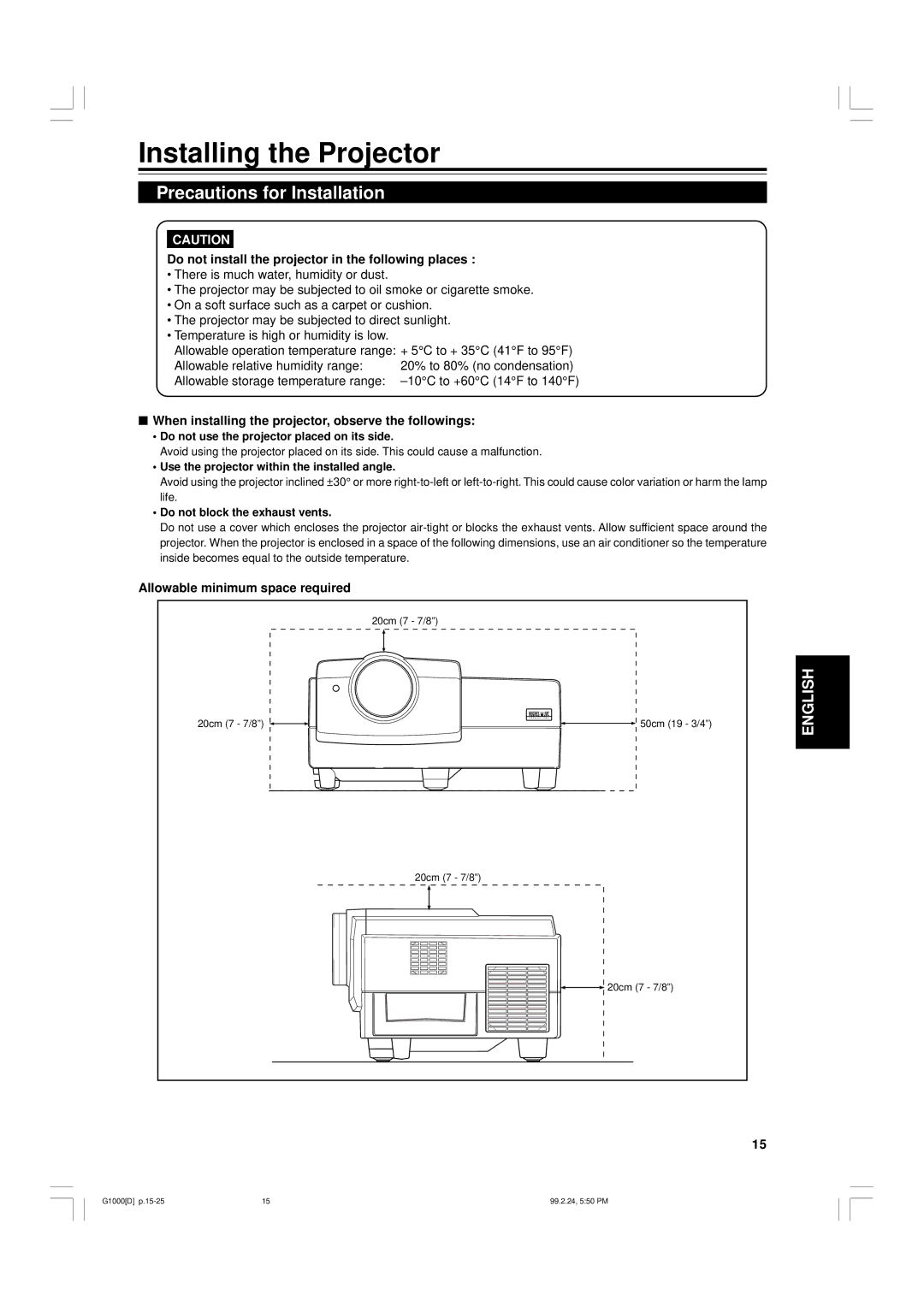 JVC G1000 Installing the Projector, Precautions for Installation, Do not install the projector in the following places 