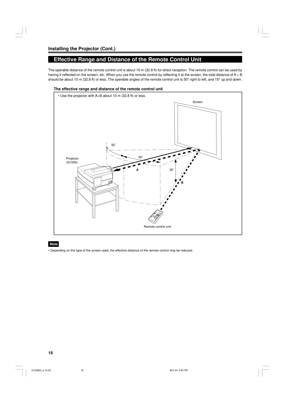 JVC G1000 Effective Range and Distance of the Remote Control Unit, Effective range and distance of the remote control unit 