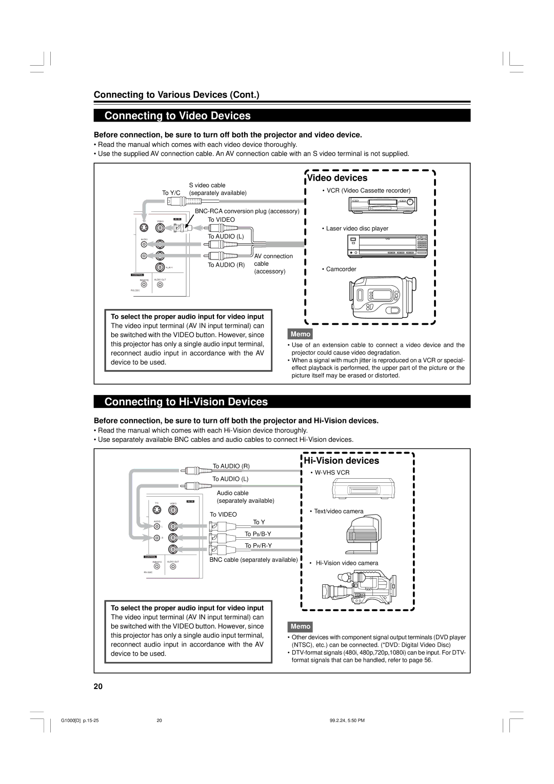 JVC G1000 manual Connecting to Video Devices, Connecting to Hi-Vision Devices, Video devices, Hi-Vision devices 