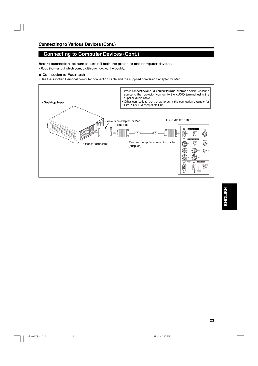 JVC G1000 manual Connection to Macintosh, Personal computer connection cable, To monitor connector Supplied 