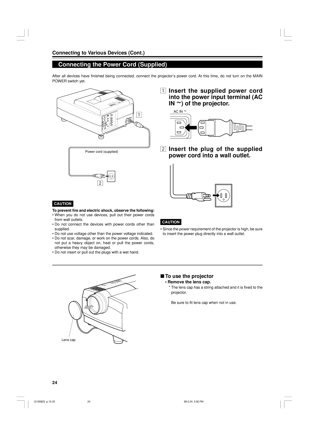 JVC G1000 manual Connecting the Power Cord Supplied, To use the projector, Remove the lens cap 