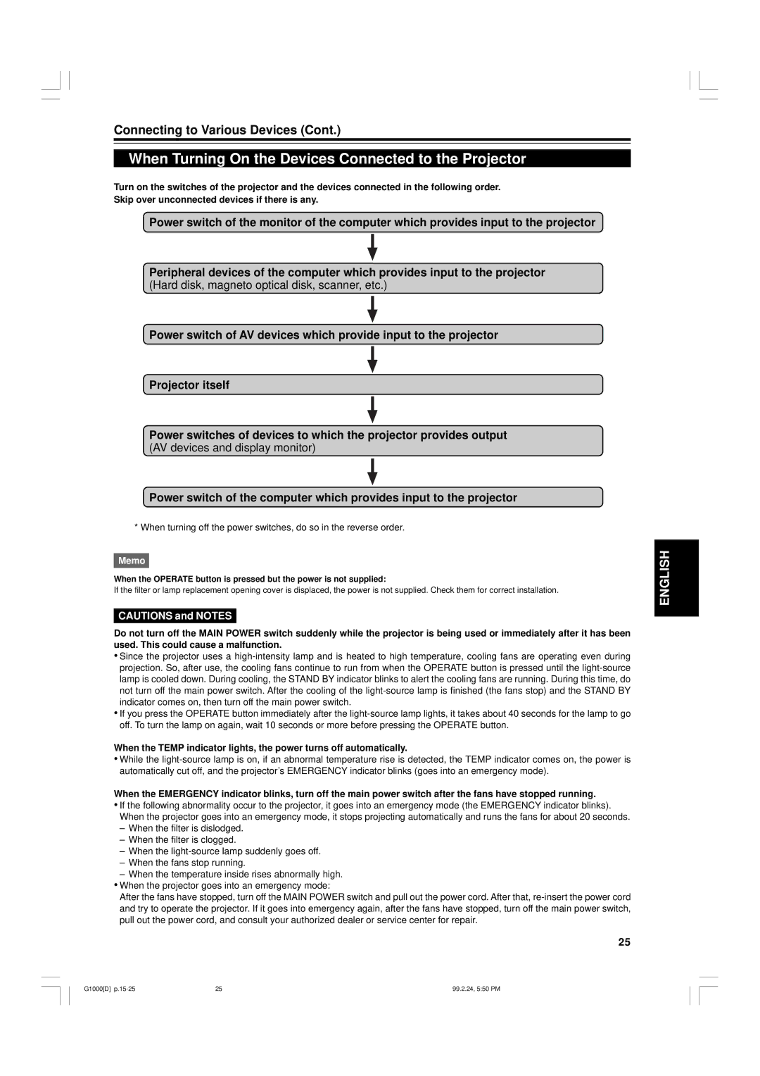 JVC G1000 manual When Turning On the Devices Connected to the Projector 