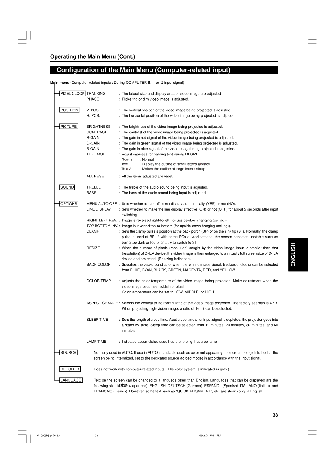 JVC G1000 manual Configuration of the Main Menu Computer-related input 