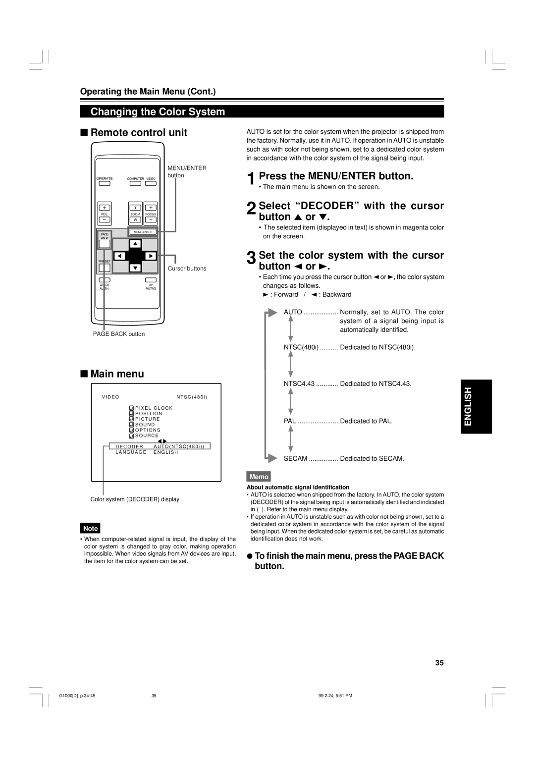 JVC G1000 manual Changing the Color System, Select Decoder with the cursor button 5 or 