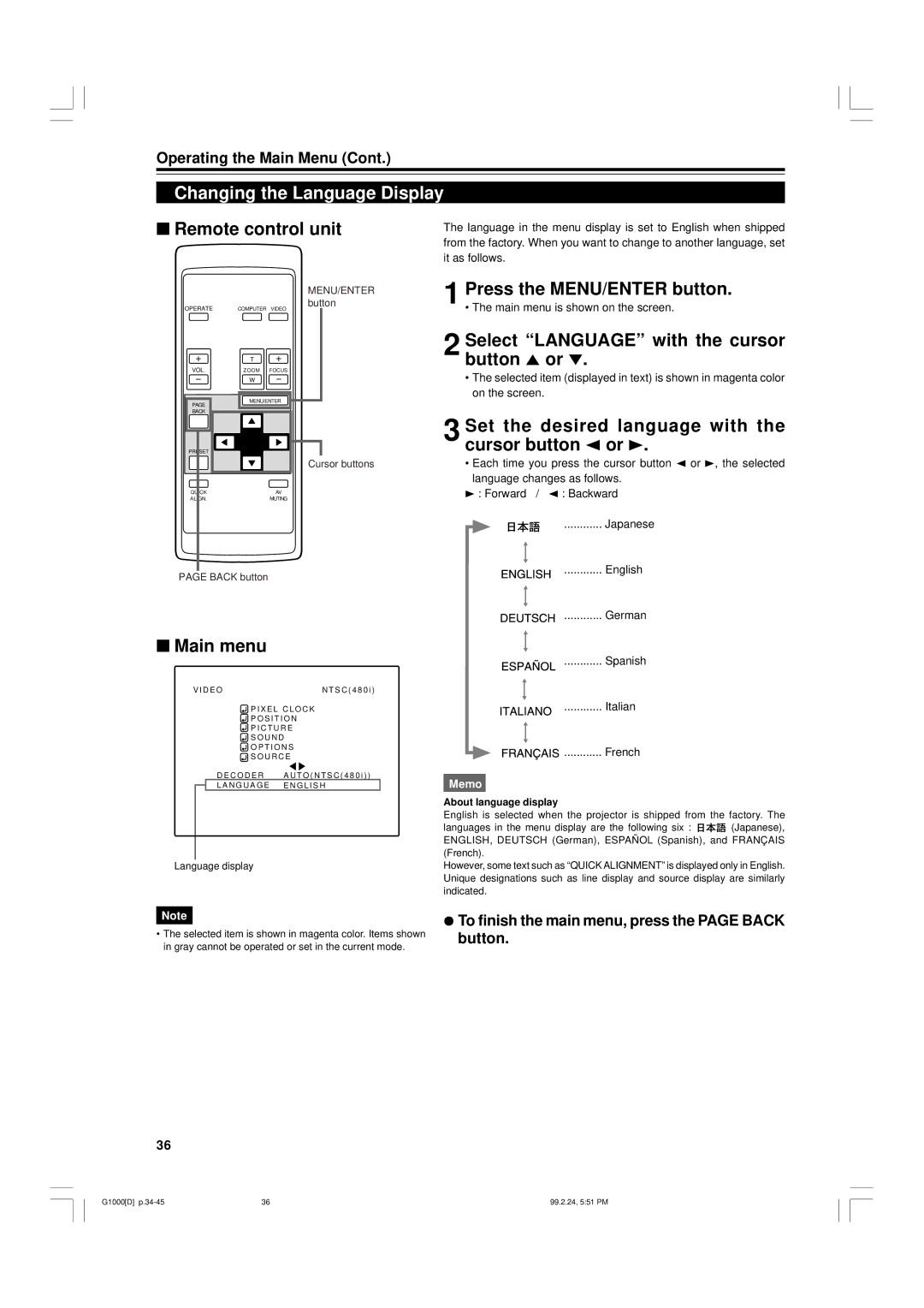 JVC G1000 manual Changing the Language Display, Set the desired language with the cursor button 2 or, Language display 