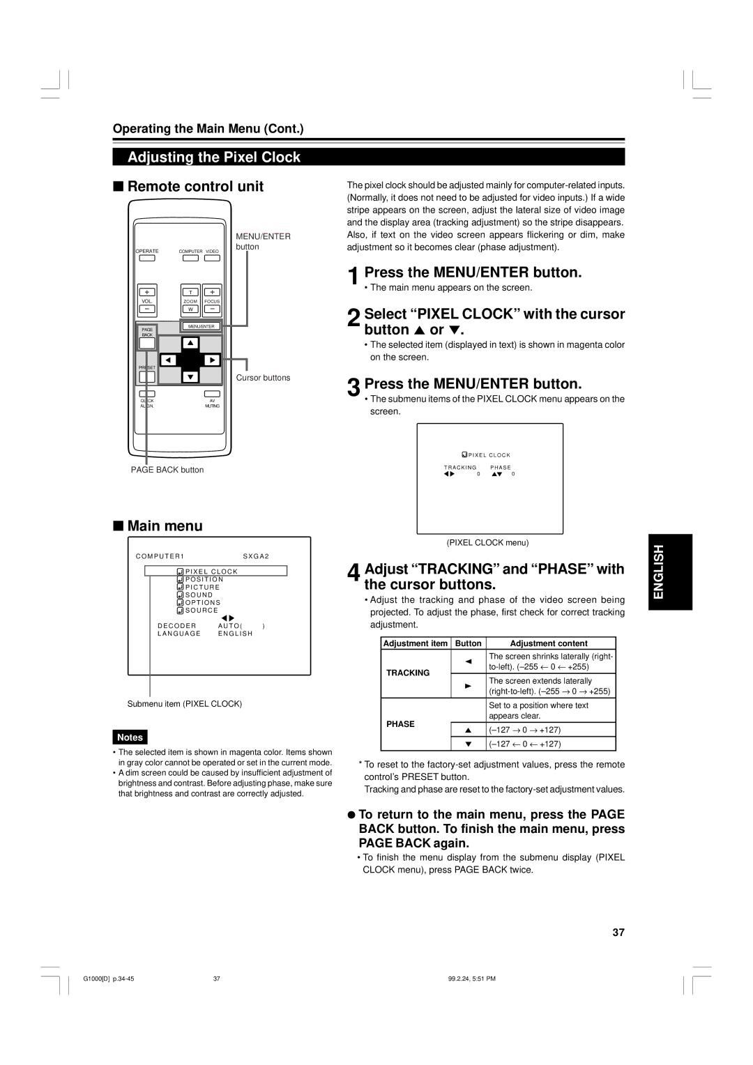 JVC G1000 manual Adjusting the Pixel Clock, Adjust Tracking and Phase with the cursor buttons, Button Adjustment content 