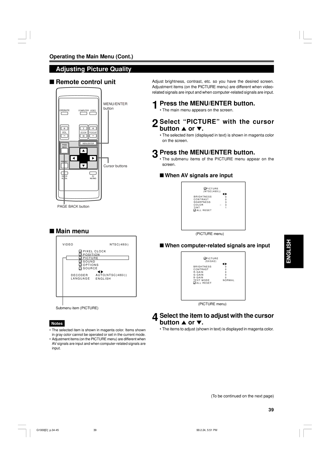 JVC G1000 Adjusting Picture Quality, Select the item to adjust with the cursor button 5 or, When AV signals are input 