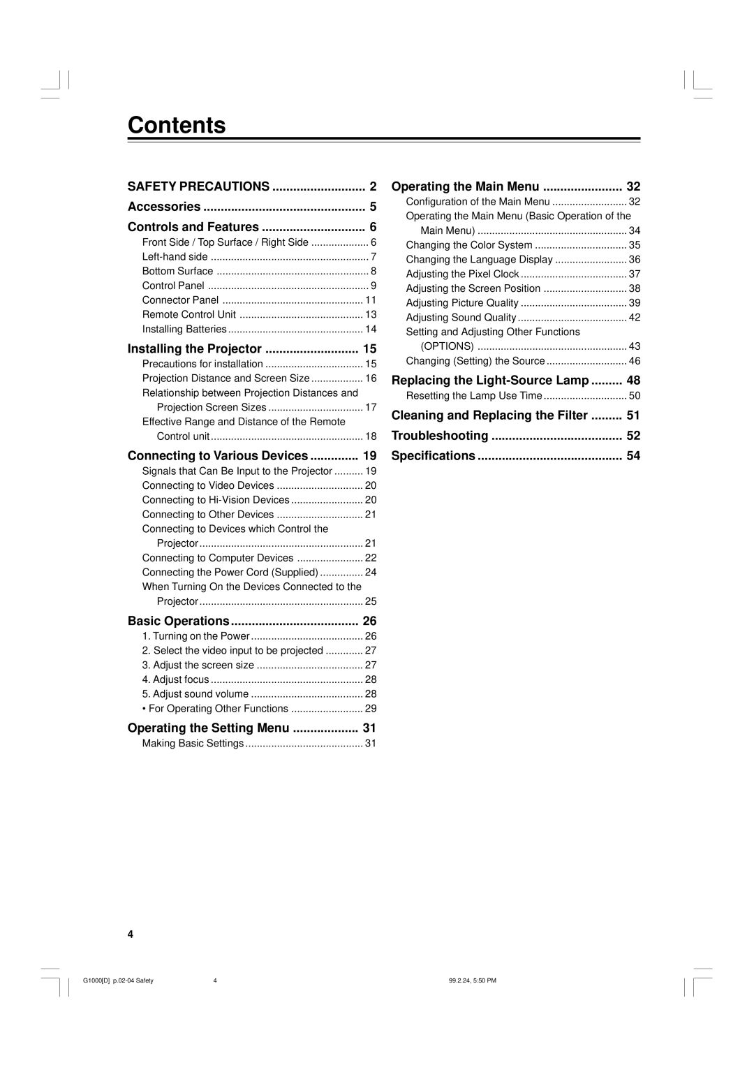 JVC G1000 manual Contents 