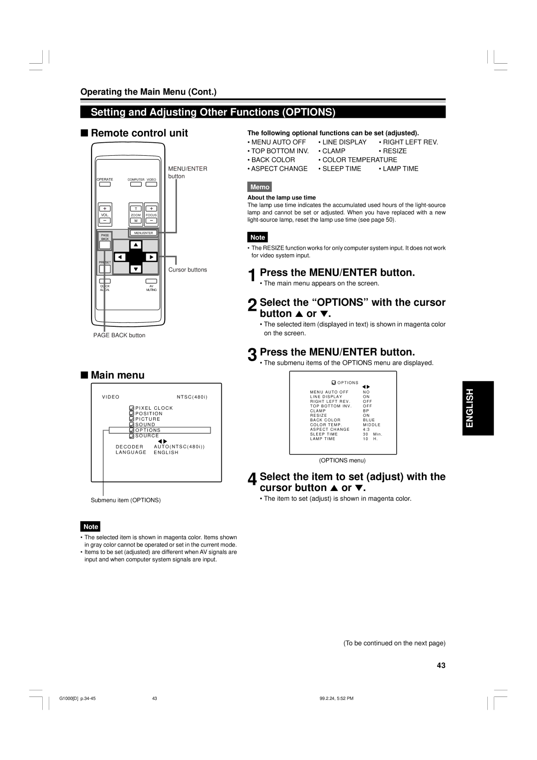 JVC G1000 manual Setting and Adjusting Other Functions Options, Select the Options with the cursor button 5 or 