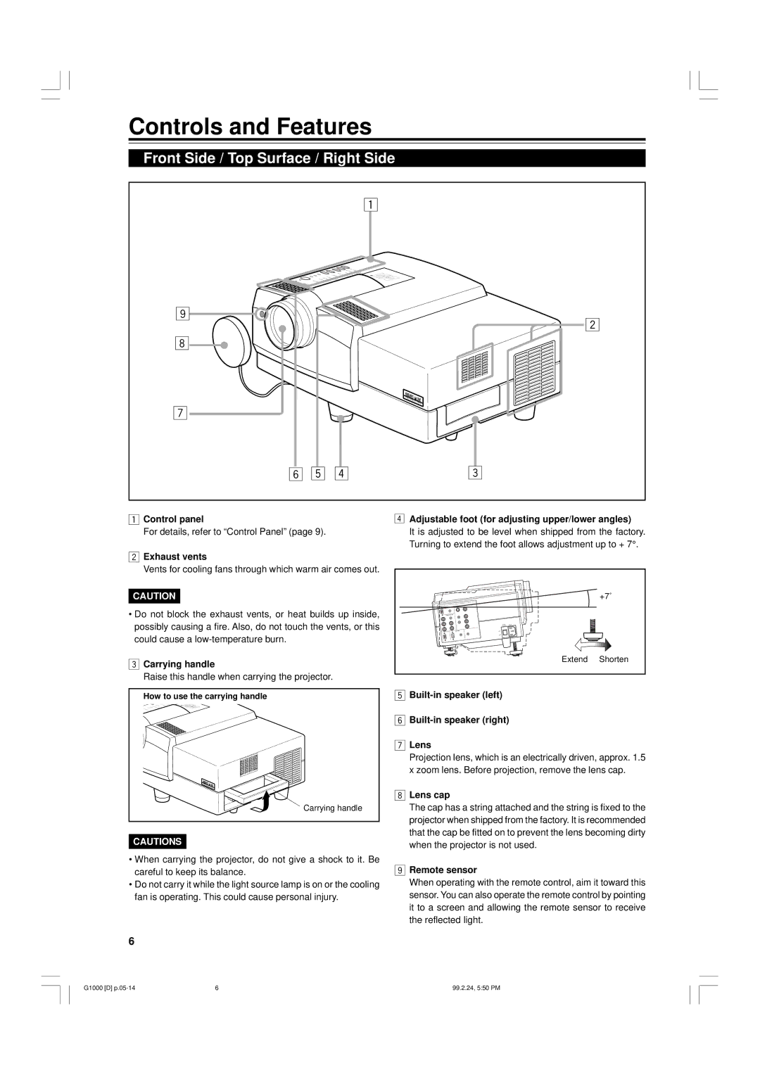 JVC G1000 manual Controls and Features, Front Side / Top Surface / Right Side 