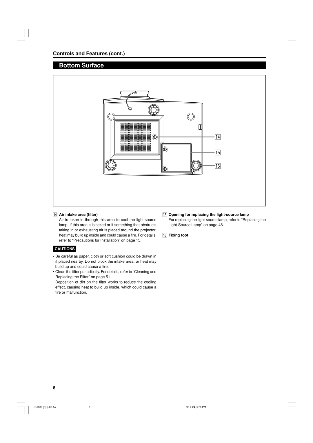 JVC G1000 manual Bottom Surface, Air intake area filter, Refer to Precautions for Installation on, Fixing foot 