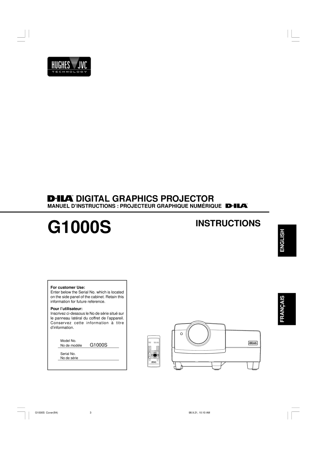 JVC manual For customer Use, Pour l’utilisateur, Model No No de modèle G1000S Serial No No de série 