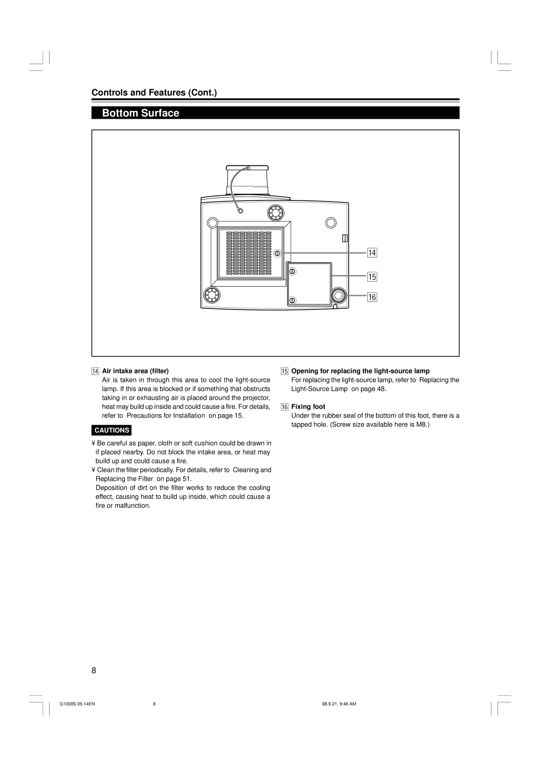 JVC G1000S manual Bottom Surface, Air intake area filter, Opening for replacing the light-source lamp, Fixing foot 