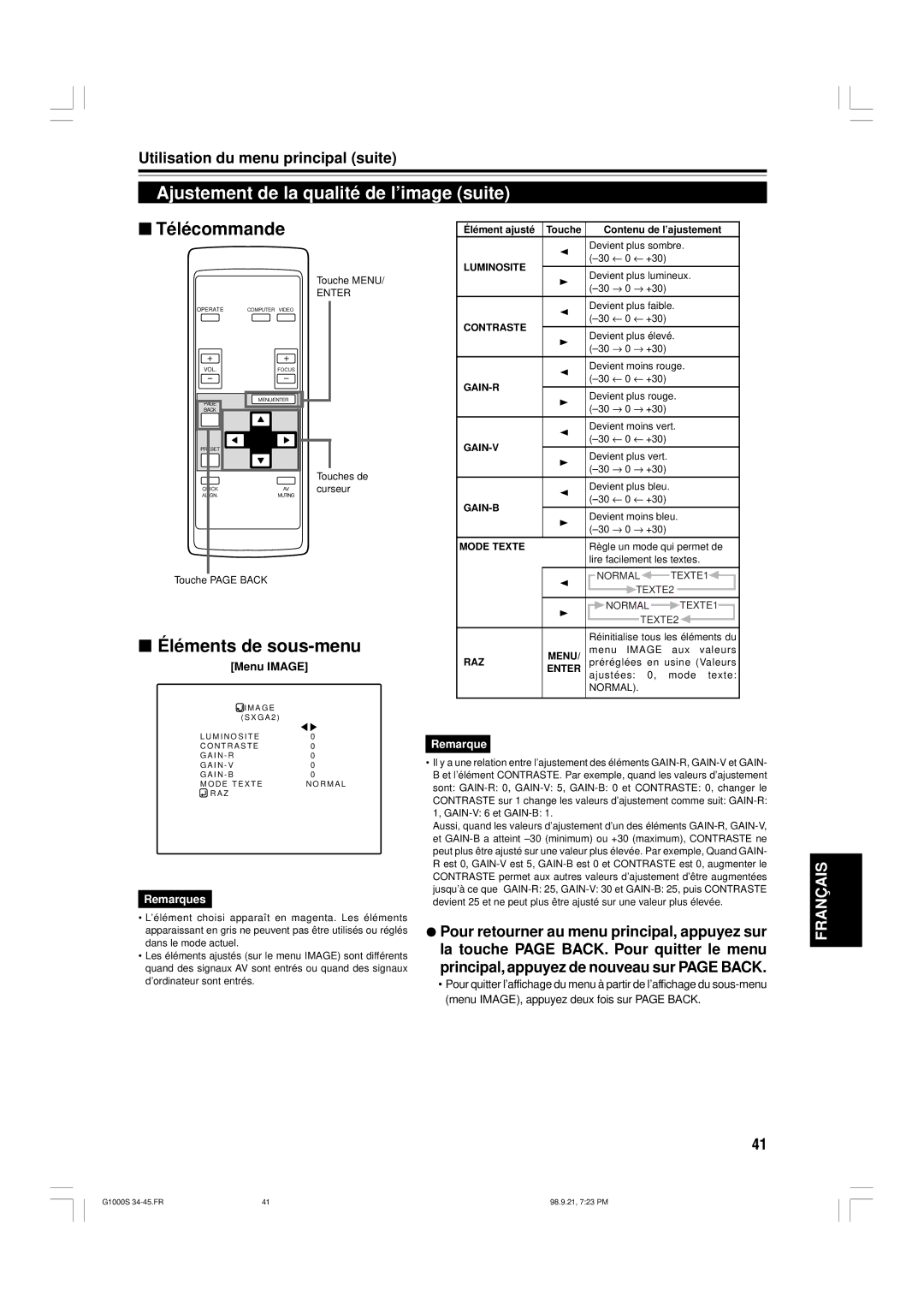 JVC G1000S manual 30 ← 0 ← +30 Devient moins bleu 30 → 0 → +30, Règle un mode qui permet de, Lire facilement les textes 