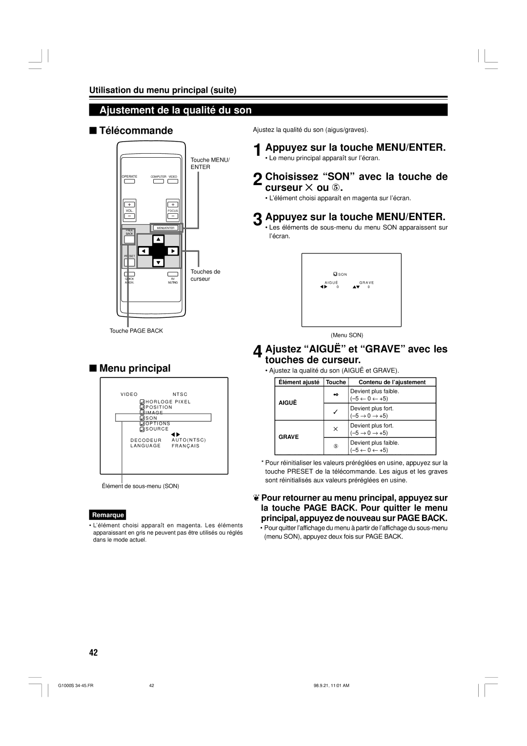 JVC G1000S manual Ajustement de la qualité du son, Choisissez SON avec la touche de curseur 5 ou 